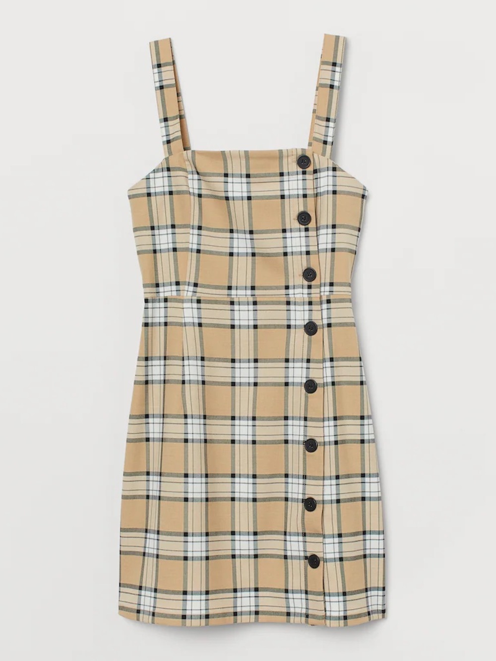 Plaid Beige Button-Front Sleeveless Dress